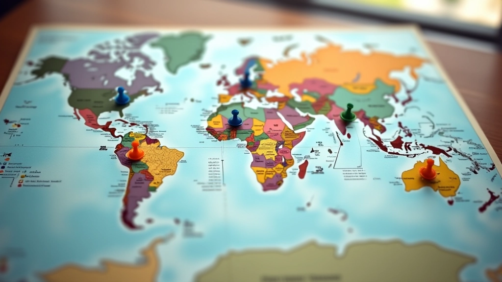 Physical world map on wooden surface